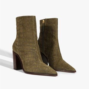 NWT SCHUTZ Mary Olive Military Green Croc-Embossed Block Booties Size 8